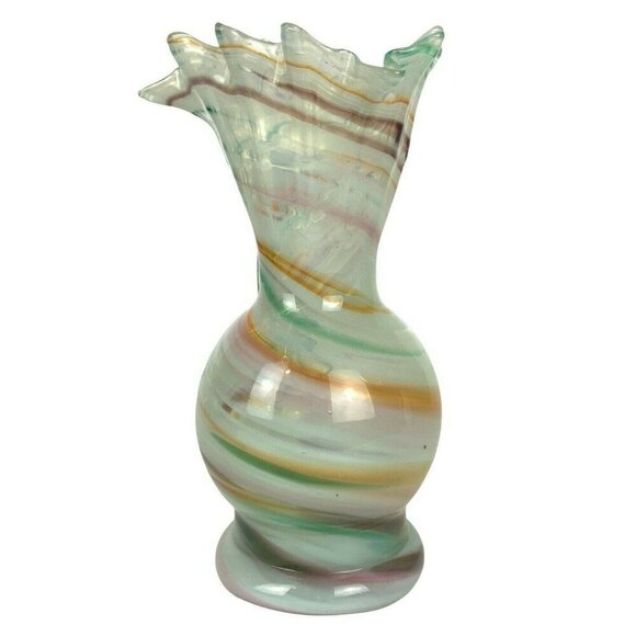 Hand-Blown Art Glass Pitcher Vase With Ruffled Spout & Swirl Pattern 7 inch Tall - Picture 3 of 6
